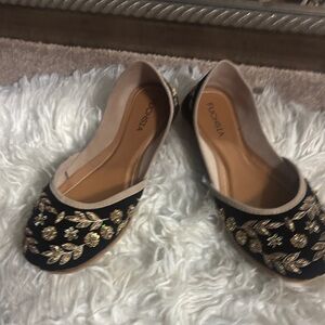 Fuchsia Elegant Black Flats with Gold Embroidery